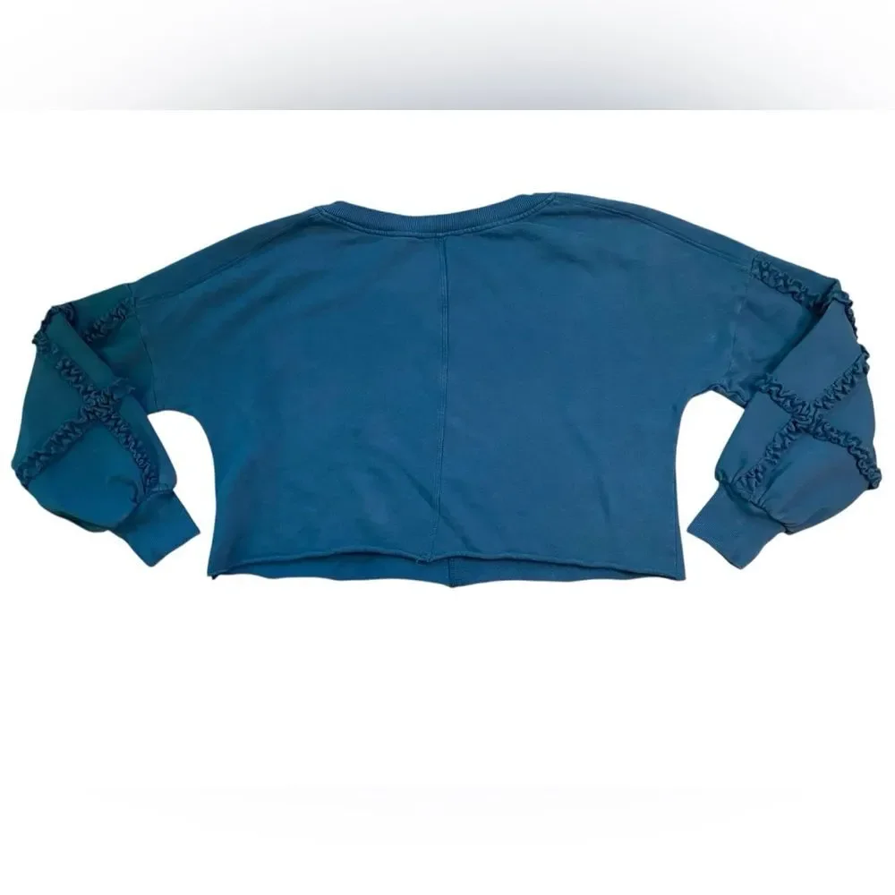 Saturday Sunday by Anthropologie Teal Corrie Crop Ruffle Sleeve Sweatshirt